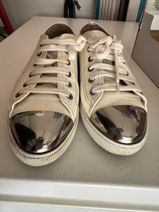 Miu Miu Shoes - Miu Miu Cream Leather Sneakers with Silver Metallic Toe Caps